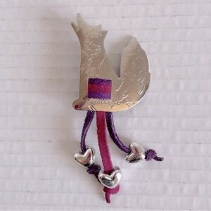 Vintage 80s/90s Fox Brooch - Silver Tone with Tassels & Heart Charms